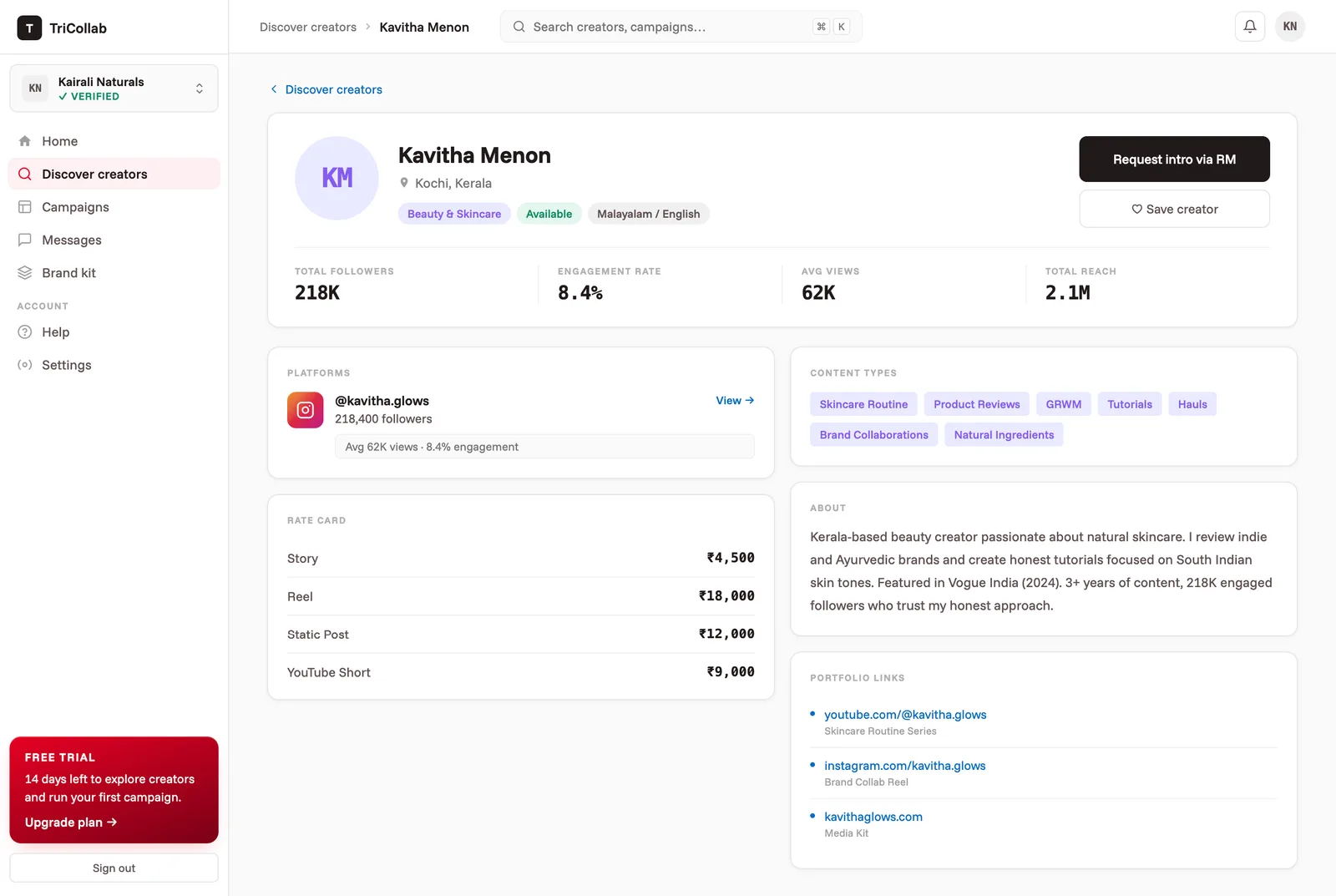 Tricollab creator profile showing verified rating, engagement, rate card and portfolio