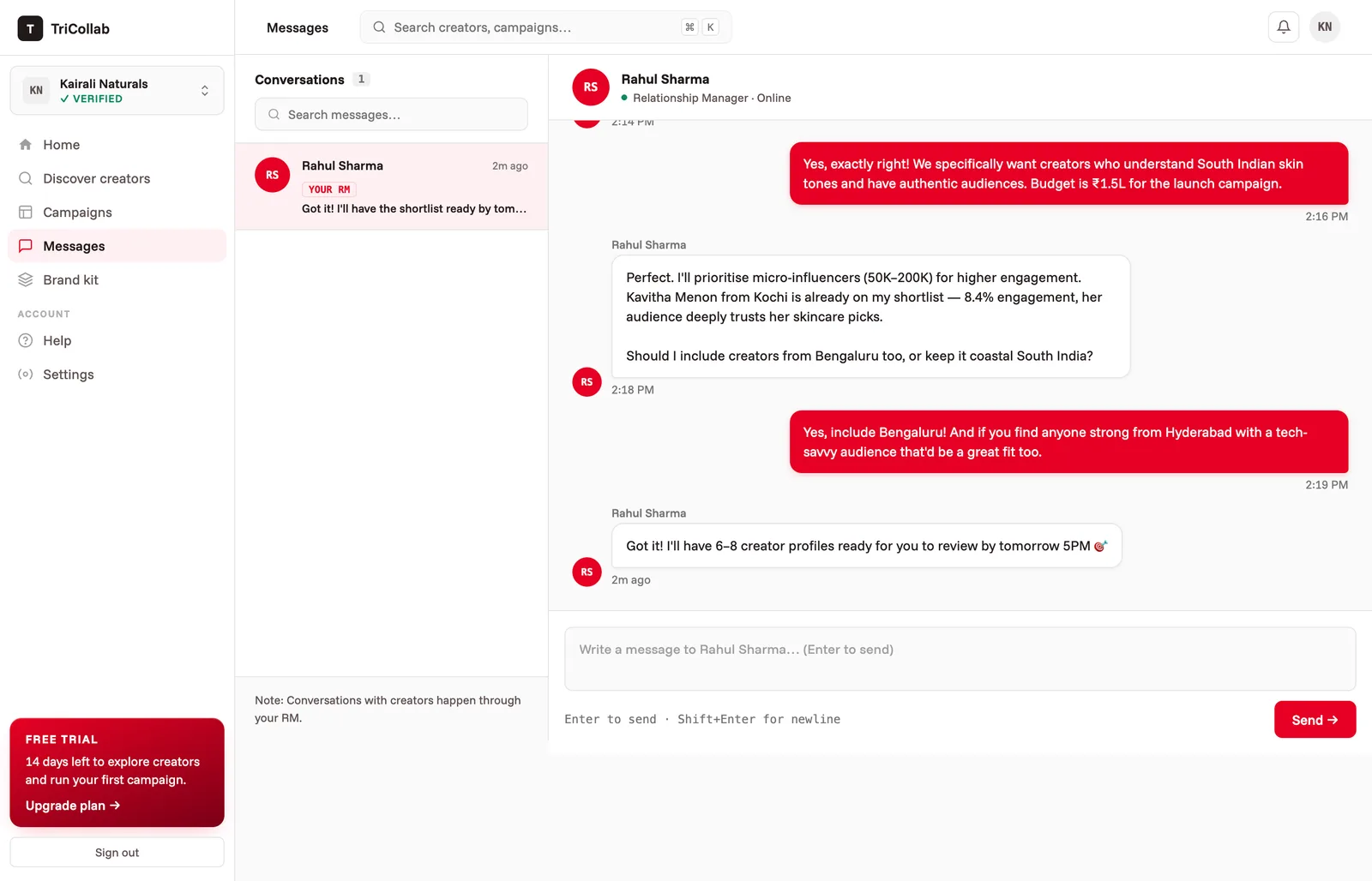 Tricollab in-app chat with a relationship manager coordinating a campaign shortlist